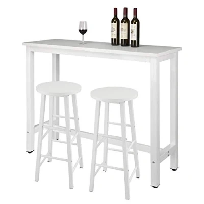 Abbildung von WOLTU BT30ws+BH130ws 2 1x Bartisch + 2X Barhocker Set Bistrotisch Stehtisch Esstisch Essgruppe, Metallgestell, MDF, Weiß, 140x40x100cm(BxTxH)