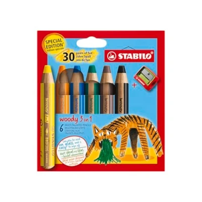 Abbildung von Buntstift, Wasserfarbe &amp; Wachsmalkreide STABILO woody 3 in 1 Jubiläumsedition Tiger 6er Pack mit Spitzer 6 Farben