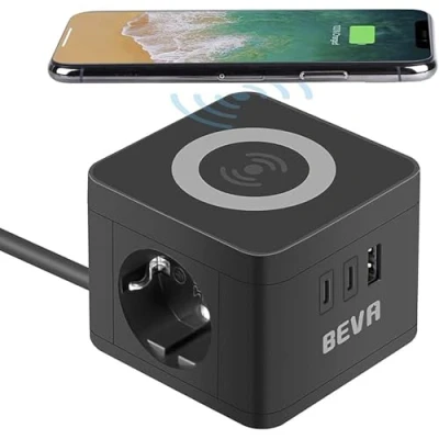Abbildung von Steckdosenwürfel BEVA Cube Steckdosenleiste 2 Fach + 1USB A+2 USB C mit Wireless Ladefunktion Mehrfachsteckdose Schutzkontakt Desktop Ladestation, Handy Ladegerät für Reise, Haushalt und Büro, Schwarz