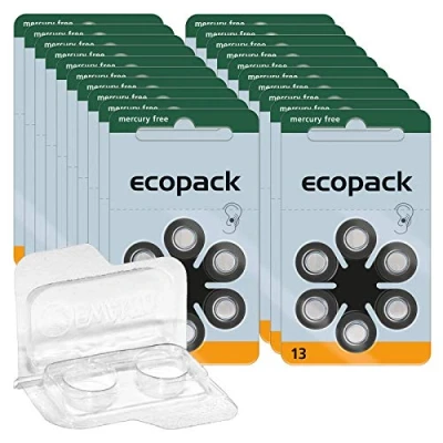 Abbildung von 120x ecopack Hörgerätebatterien 13 (Orange), 20x6er Blister PR48 1,4V + Aufbewahrungsbox für 2 (alle Größen), transparente Batteriebox Zwei Knopfzellen bis 12 mm x 6 (Ø H)