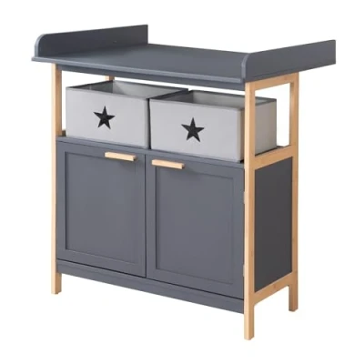 Abbildung von roba® Wickelkommode Berlin Rahmen + Griffe aus Bambus Holz Anthrazit, abnehmbarer Wickelaufsatz Wickeltisch mit 2 Schubladen &amp; Stoffboxen