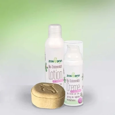 Abbildung von Bio Stutenmilch Hautpflegeset mit Creme, Lotion und Festen Shampoo, gut bei trockener Haut