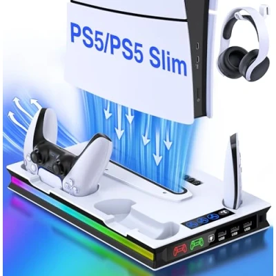 Abbildung von GAMSINGY PS5 Ständer mit Lüfter, Standfuß für Disc/Digital Edition, Headset Halterung/ Controller Ladestation/ Fernbedienung Solt/3 USB Hub, Zubehör Playstation 5 Konsole