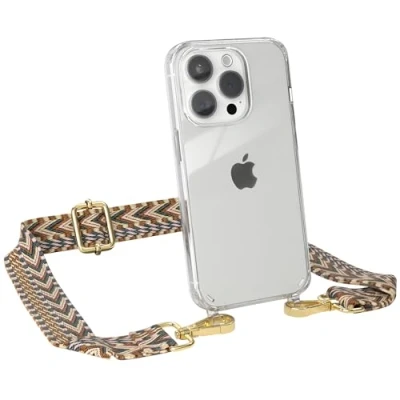 Abbildung von EAZY CASE Handykette mit verstellbarem Trageriemen für iPhone 15 Pro Taschengurt zum Wechseln transparenter Handyhülle Hülle dünner Schulterriemen in Braun Gold