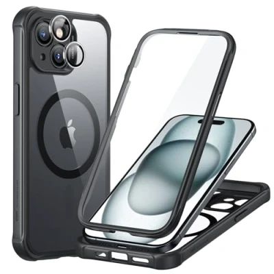 Abbildung von ESR für iPhone 15 Hülle, Kompatibel mit MagSafe, 360 Grad Schutzhülle Stoßfest Militärnorm Magnetische Handyhülle Kameraschutz, Klares Schwarz
