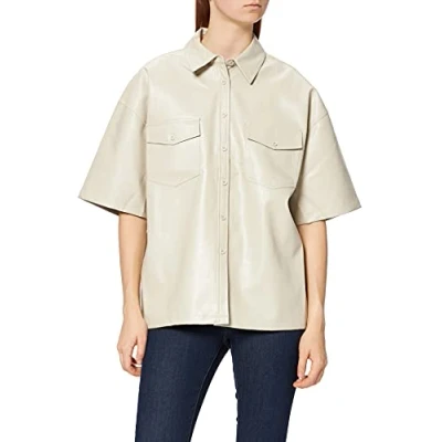 Abbildung von NA KD Damen Oversized Short Sleeve pu Shirt Hemd, gebrochenes weiß, 32 EU