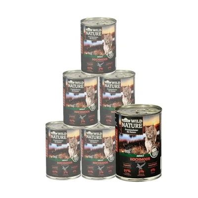 Abbildung von Dehner Wild Nature Katzenfutter Hochmoor, Nassfutter getreidefrei, für ausgewachsene Katzen, Ente / Pute, 6 x 400 g Dose (2.4 kg)