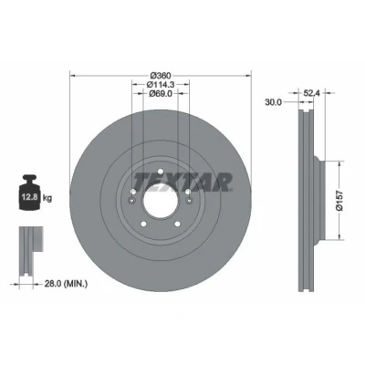 Abbildung von TEXTAR Bremsscheibe HYUNDAI: i30 III Schrägheck, Kona SUV, Fastback 360mm 30mm 05/07 114,3mm innenbelüftet beschichtet hochgekohlt 92346905