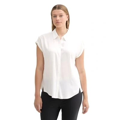 Abbildung von TOM TAILOR Damen Plussize Basic Kurzarm Hemdbluse, Whisper White, 44
