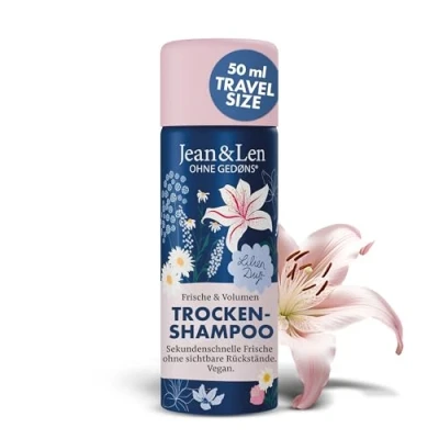 Abbildung von Jean &amp; Len Mini Trockenshampoo Frische Volumen, kein fettiger Ansatz, keine weißen Rückstände, duftet nach Lilie, für feines Haar ohne Reisegröße, Parabene Silikone, vegan, 50 ml