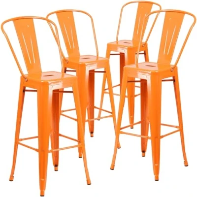 Abbildung von Flash Furniture Handelsübliche Qualität, 76,2 cm, hoher Metall, für drinnen und draußen, mit Rückseite, verzinkter Stahl, Kunststoff, orange, 4 Stück