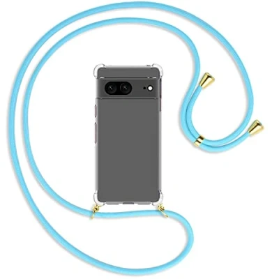Abbildung von mtb more energy® Handykette kompatibel mit Google Pixel 7 Himmelblau/Gold Smartphone Hülle zum Umhängen Anti Shock Full TPU Case