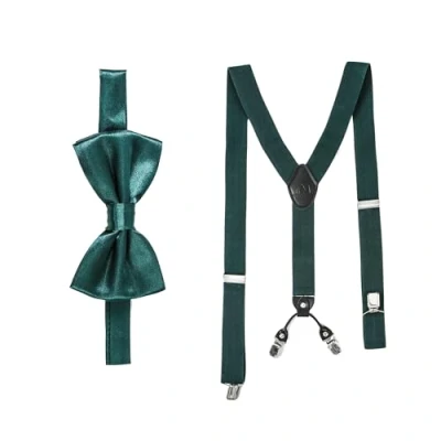 Abbildung von Massi Morino Hosenträger mit Fliege Dunkelgrün Set für Herren und Damen I Y Form Träger elastisch extra starken Clips 3,5cm breit längenverstellbar Vorgebundener Schlips Anzug