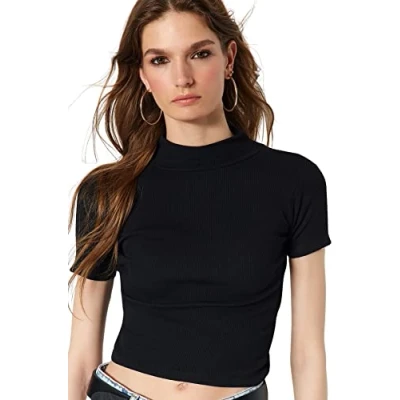 Abbildung von Trendyol Damen Aufrechter Kragen Pasping Crop Gestrickte Bluse Blouse, Schwarz, M EU