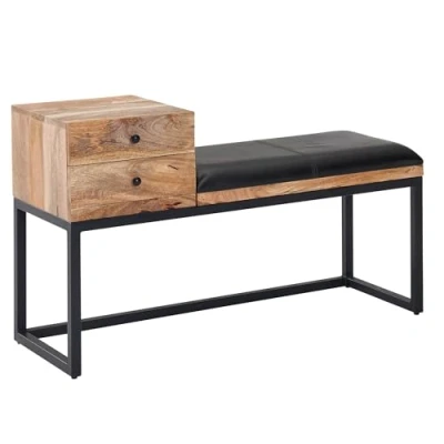 Abbildung von FINEBUY Polsterbank FB31278 (Ziegenleder / Massivholz Bank 100x60x35 cm Retro), Flur mit Stauraum, Lederbank Schwarz