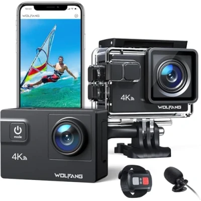 Abbildung von WOLFANG GA300 Action Cam 4K 60FPS 24MP Unterwasserkamera WiFi 40M wasserdichte 2.0 EIS Bildstabilisator Touchscreen Helmkamera 8X Zoom (Externes Mikrofon, 2x1350mAh Akkus und Zubehör Kit)