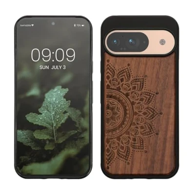 Abbildung von kwmobile Hülle kompatibel mit Google Pixel 9 / Pro Holz Case Handy Cover TPU Handyhülle in Dunkelbraun Aufgehende Sonne