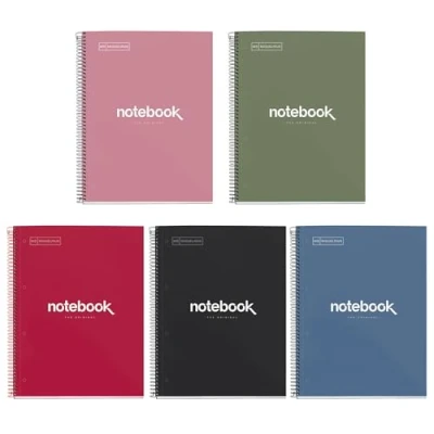 Abbildung von Miquelrius 5er Pack Notizbücher A4, 80 Blatt, 90 g/m², kariert 5 x mm, 1 Farbstreifen, mikroperforierter Spiralbindung, extra fester Einband, 4 Löcher, intensive Farben