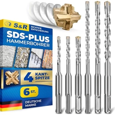 Abbildung von S&amp;R Hammerbohrer 4 Schneiden Karbid Hartmetall Bohrer, Steinbohrer für SDS plus, (Set, 6 tlg 5,6,8 x 110mm, 6,8,10 160mm), Betonbohrer, Schlagbohrer Stahlbeton, Beton, Granit, Stein