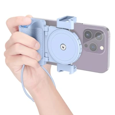 Abbildung von Kompakter Smartphone Griffhalter mit Abnehmbarer Drahtloser Fernbedienung und Cold Shoe Halterungen Kompatibel iPhone 16 15 14 13 12 11 Galaxy Pixel Mate 55 90 mm Breit für Vlog Video Foto (Blau)