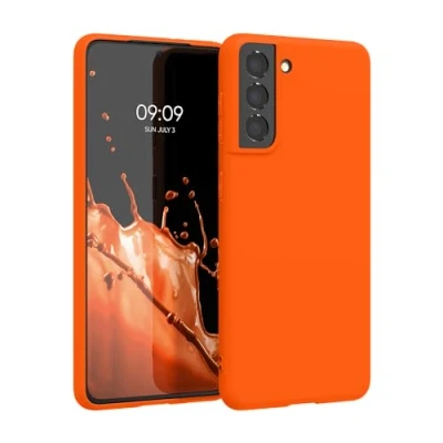 Abbildung von kwmobile Hülle kompatibel mit Samsung Galaxy S21 weiches TPU Silikon Case Cover geeignet für kabelloses Laden Neon Orange