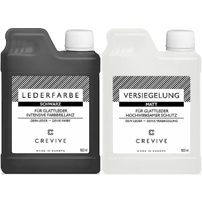 Abbildung von CREVIVE Lederfarbe Schwarz 500 ml &amp; Leder Versiegelung Matt für Echtleder zum färben und umfärben Schutz zur Fixierung von Farbe Sofa Auto
