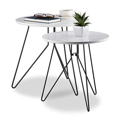 Abbildung von Relaxdays Beistelltisch 2er Set, runde Satztische mit Metallgestell, Ablagetische, Tischplatte 40 u. 48 cm, MDF, Schwarz Weiß, Standard