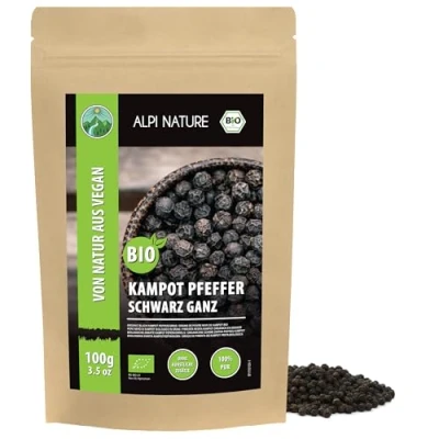 Abbildung von Bio Kampot Pfeffer schwarz (100g), schwarzer Kampotpfeffer, Pfefferkörner aus kontrolliert biologischem Anbau, laborgeprüft, 100% rein und naturbelassen