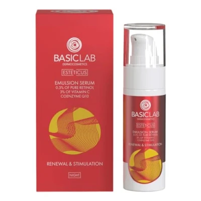 Abbildung von BasicLab Dermocosmetics Emulsion Gesichtsserum mit Retinol, Coenzym Q10 und Vitamin C 15 ml Anti Falten Nachtserum für Frauen