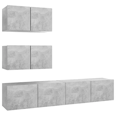 Abbildung von vidaXL TV Schrank Set 4 TLG. Wohnwand Anbauwand Schrankwand Wandschrank Hängeschrank Lowboard Fernsehschrank Möbel HiFi Betongrau Holzwerkstoff