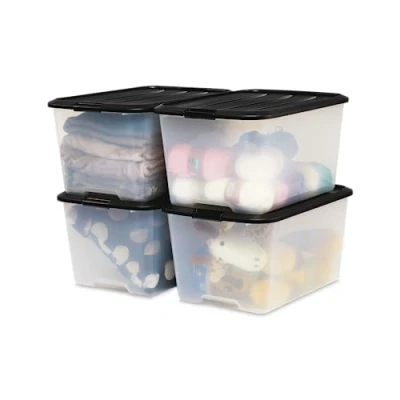 Abbildung von Iris Ohyama Aufbewahrungsbox mit Deckel, 45L, 4er Set, Schwarz, Schnappverschlüsse Griffen, Stapelbar, Stark &amp; Langlebig, Für Kleidung, Garage, Zuhause, Büro, Plastikbox, Lagerung TB 45
