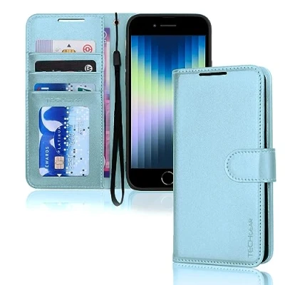 Abbildung von TECHGEAR hülle iPhone SE 2022 5G / 2020 Leder klappbar, PU Flip Schutzhülle Ledertasche [Brieftasche] Handyhülle mit Ständer und Handschlaufe Hellblau Kompatible 8/7/6