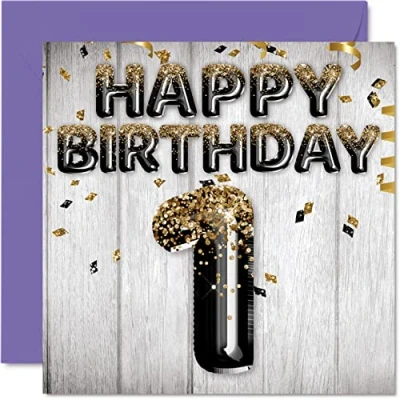 Abbildung von Geburtstagskarte zum 1. Geburtstag für Jungen schwarze und goldene Glitzerballons Happy Karten 1 Jahr alten Sohn Bruder Enkel Cousin 145 mm Ein erster Grußkarten Geschenk