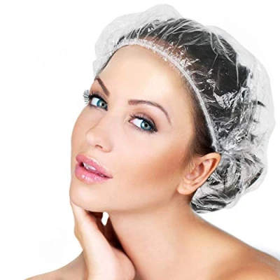 Abbildung von Einweg Duschhaube 100 Stück Kunststoff Wasserdichte Duschhauben, Elastische Badehaube, Haarschutz Haarhaube für Salon, Spa, Reise, Hotel, Dusche