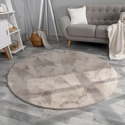 Abbildung von TT Home Teppich, kreisförmig, Höhe: 14 mm, Wohnzimmer Hochflor Teppich Kunstfell Modern Unifarben Flauschig Weich