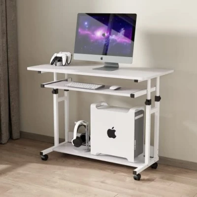 Abbildung von Dripex Schreibtisch höhenverstellbar, Computertisch mit Rollen, klein auf platzsparender Laptoptisch Tastaturauszug und Regal, PC Tisch für Home Office, Weiß