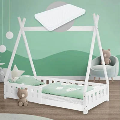 Abbildung von ML Design Kinderbett Tipi 80x160 cm Weiß mit Matratze, Rausfallschutz und Lattenrost, aus Kiefernholz, Indianer Bett Massivholz für Mädchen &amp; Jungen, Hausbett Zaun, Jugendbett Spielbett Holzbett