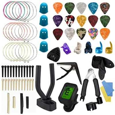 Abbildung von TTCR II Gitarren Zubehör Set,78 Pcs Gitarrenzubehör mit Stimmgerät,1 Gitarrenhalter,Kapodaster für Gitarre,15 Gitarre Plektrum,3 Set Gitarrensaiten,5 Fingerpicks,4 Fingerschutz,Gitarrengurt