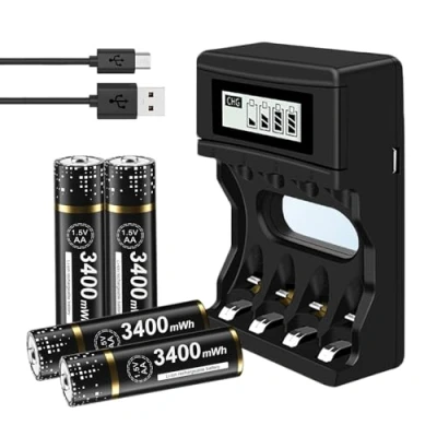 Abbildung von Akku Batterien AA mit Ladegerat 4 Stück 3400mWh 1.5V/Lithium Akkus Aufladbare LCD Anzeige Schnellladegeräte AkkuLadegerät Slot für Li ion Mignon AA, Micro AAA