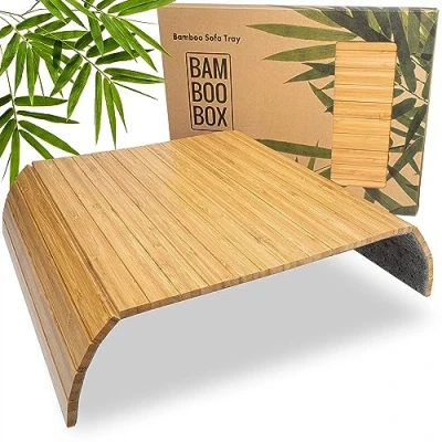 Abbildung von BAM BOO BOX Sofatablett aus Bambus Couch Tablett flexibel Armlehne Sofa Holz Armlehnen für und Naturfarbe