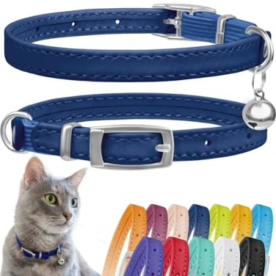 Abbildung von CollarDirect Leder Katzenhalsband mit Sicherheitsverschluss und Glocke, 23 28 cm, Marineblau