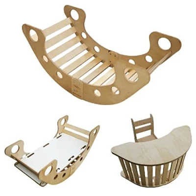 Abbildung von Kletterbogen Bogenwippe Holzwippe Montessori mit Rutsche Tischplatte und Stuhl Spielzeug Baby Kinder 5in1 Kletterwand Balanceboard Schreibtisch Holz CE ECO XL