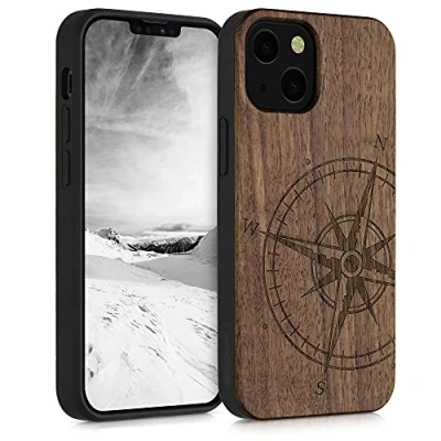 Abbildung von kwmobile Hülle kompatibel mit Apple iPhone 13 Mini Holz Case Handy Cover TPU Handyhülle in Dunkelbraun Kompass Vintage