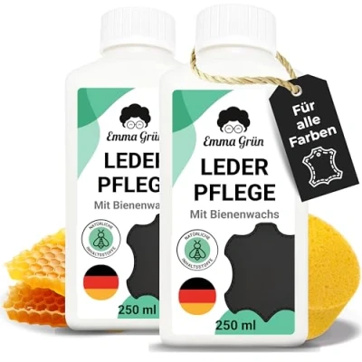 Abbildung von Emma Grün® Lederpflege für Ledercouch &amp; Sofa 2x 250ml [MIT BIENENWACHS] Glatt Kunstleder Pflege Auto Autositze Pflegemittel Sofa, Jacken Autoleder (+SCHWAMM) Made in Germany