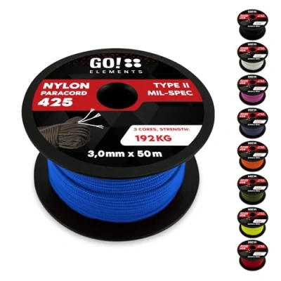 Abbildung von GO!elements 50m Paracord Seil aus reißfestem Nylon 3mm 425 Typ II max. 192kg Schnüre als Outdoor Seil, Allzweckseil, Survival Armband, Hundeleine, Nylonschnur, Farbe: Blau