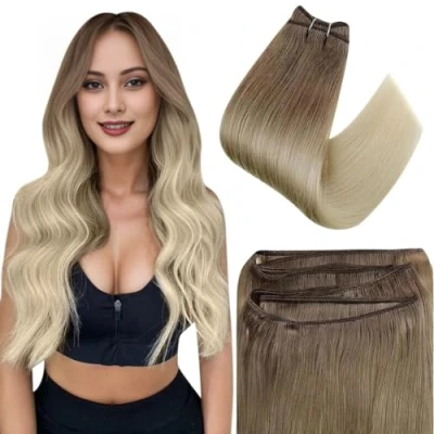 Abbildung von Easyouth Remy Echthaar Tressen Weaving Extensions 45 cm Ash Brown Mix Platinblond 100g Human Hair Bundles