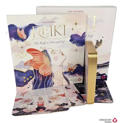 Abbildung von Reiki Die Kraft im Hier und Jetzt: 32 Karten mit Goldfolie Goldschnitt, Stülpdeckelschachtel Goldprägung 144 seitiges Buch: ... Buch
