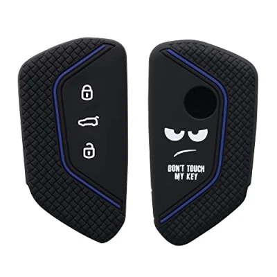 Abbildung von kwmobile Autoschlüssel Hülle kompatibel mit VW Golf 8 3 Tasten Schlüsselhülle Don&#039;t Touch My Key Weiß Schwarz Blau