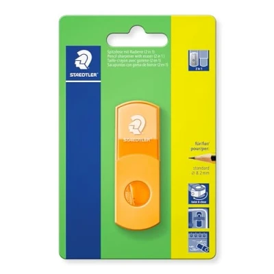 Abbildung von STAEDTLER Spitzdose mit Radierer, neon orange, phthalat und latexfrei, für Stifte im Standardformat, wiederverschließbar, 2 in 1 Spitzer auf Blisterkarte, 511SE F4BK