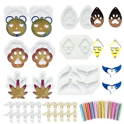 Abbildung von NA Woohome 68 Stück Ohrring Gießform Resin Form Set, 6 Ohrringe Schmuck Silikonform mit Ohrhaken, Sprungringen und Pailletten für Harzschmuck, Anhänger, Harz Handwerk Heimwerken